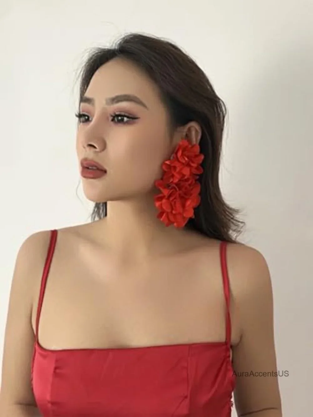 Oversized Fabric Flower Drop Earrings Lightweight Boho Dangle Statement Jewelry
